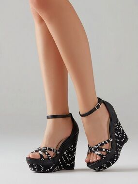 C Label Black Patterned Ankle-Strap Platform Wedges